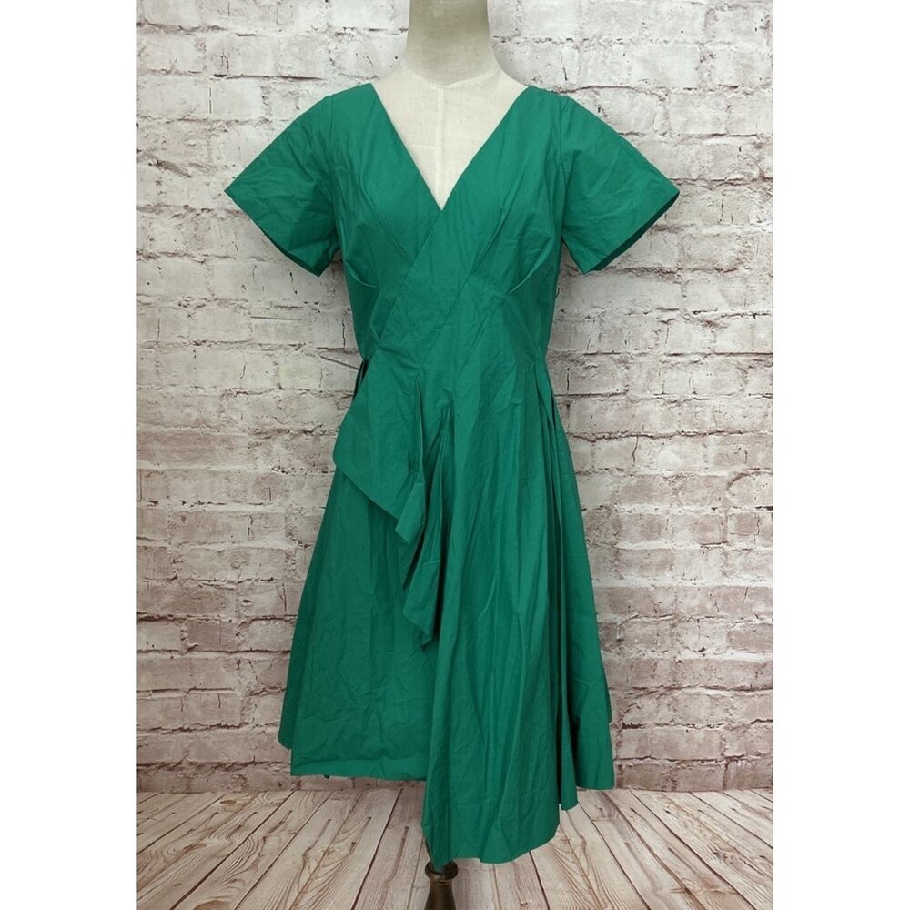 Anthropologie Maeve Dress Size 2 Green Asymmetric Wrap Fit & Flare Pleats Cotton